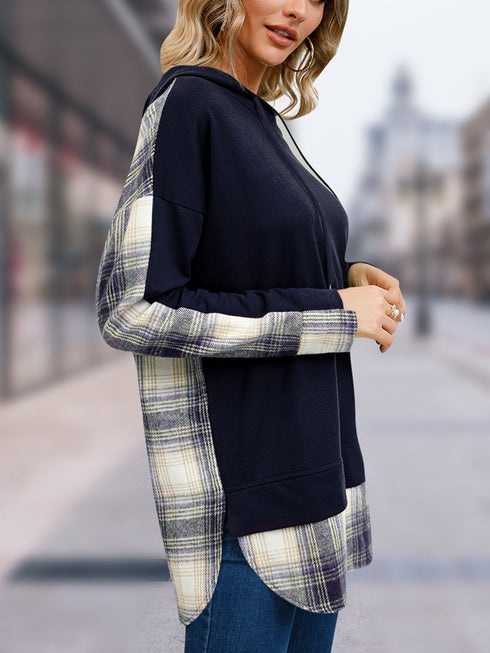 'Lireal' Split Colour Plaid Long Sleeve Hoodie - Celes Fashion